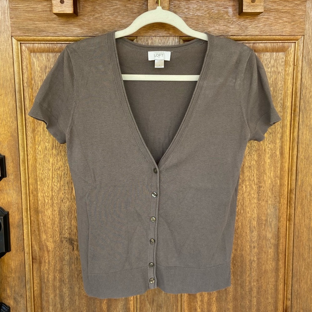 LOFT | Light Brown short sleeve cardigan, small